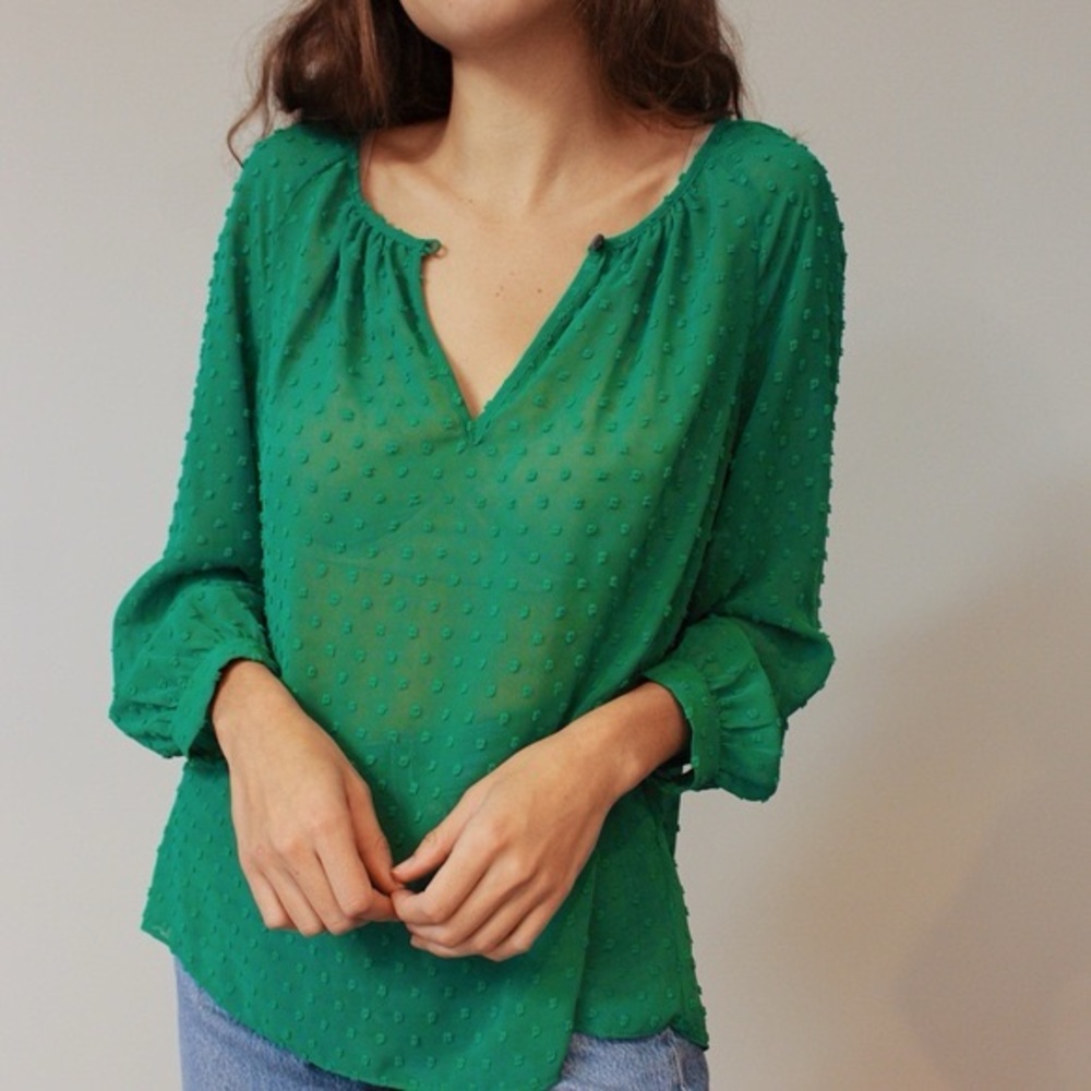 J. Crew Emerald Green Swiss Dot V-Neck Blouse